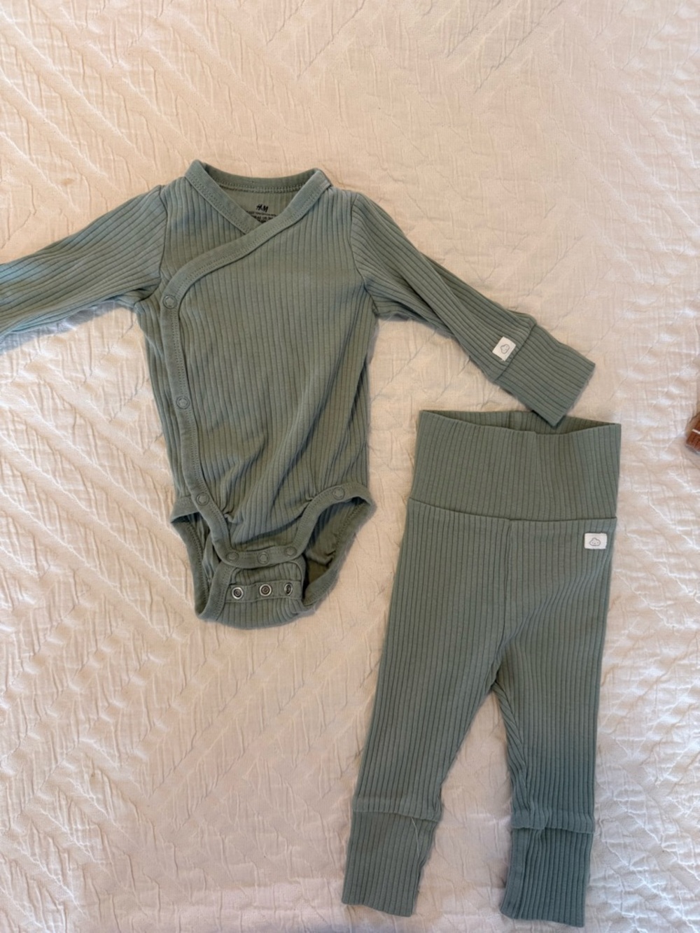 H&M Ribbed Baby Kimono Bodysuit Set - Sage